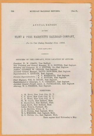 1885 Rr Report Flint & Pere Marquette Railroad Clare Baldwin Holly Michigan