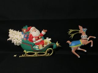 Vintage Santa And Reindeer Molded Plastic Christmas Decor Wall Hanging