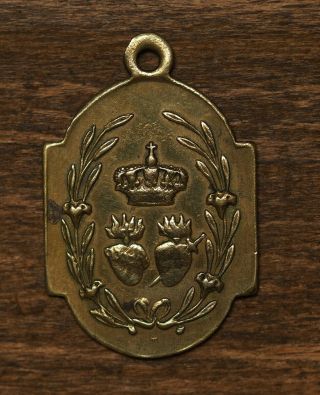 Antique Religious Bronze Medal Pendant Our Lady Of Hal // Sacred Hearts Ex Voto