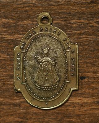 Antique religious bronze medal pendant our lady of Hal // sacred hearts ex voto 2