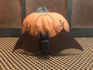 Primitive Paper Mache’ Pumpkin With Bat Ornament