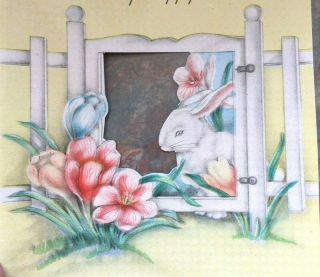 Easter Bunny Rabbit Diecut Gate Fence Crocus Flowers Vtg Card
