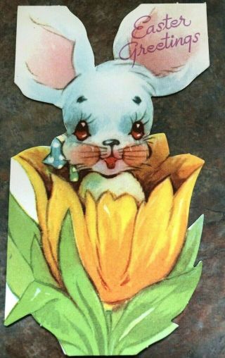 Easter Bunny Rabbit Inside Yellow Tulip Flower Diecut Polka Dot Bow Vtg Card