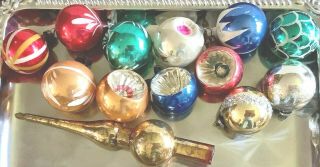 12 Vtg 1 " Mercury Glass Feather Tree Ornaments,  Topper - Indents/hd.  Painted