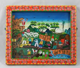 Vntg Peruvian/central America Painting On Hide Hand Painted Wood Frame Folk Art
