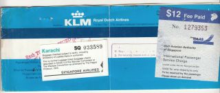1989 Klm Royal Dutch Airlines Passenger Ticket With 12$ Singapore Revenue Label