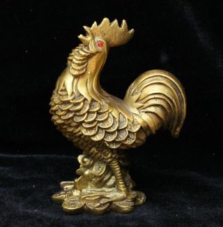 Old Chinese Brass Lucky Yuan bao Wealth 12 Zodiac Year Rooster Cock Statue 2