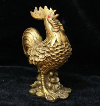 Old Chinese Brass Lucky Yuan bao Wealth 12 Zodiac Year Rooster Cock Statue 3