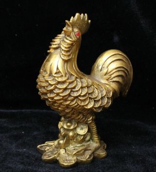 Old Chinese Brass Lucky Yuan bao Wealth 12 Zodiac Year Rooster Cock Statue 4