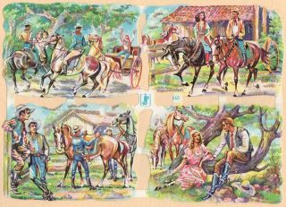 Vintage Die Cut Scraps Sheet Ws 663 With Glitter Cowboys