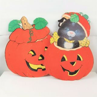 2 Vintage Halloween Die Cut Decorations Flocked Jack O Lantern Black Cat Pumpkin