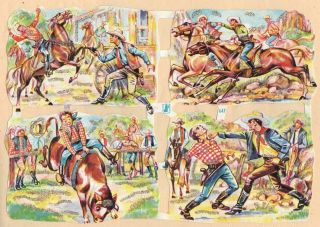Vintage Die Cut Scraps Sheet Ws 647 With Glitter Cowboys
