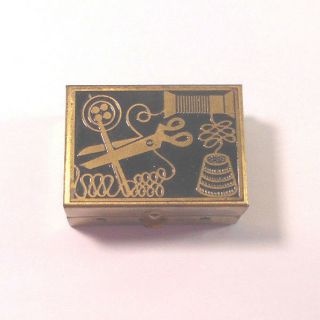 Vintage Mini Travel Sewing Kit Box Brass Metal - Black Enamel