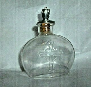Vintage Glass Holy Water Bottle Metal Crown Stopper & Cork Double Sided Embossed