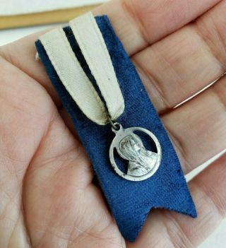 Vintage Saint Margaret Mary Alacoque Sacred Heart Jesus Medal Blue Ribbon Pin