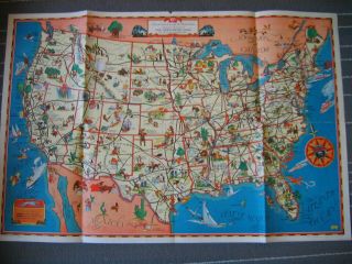 4/1937 Good Natured Map Of Usa Greyhound Lines