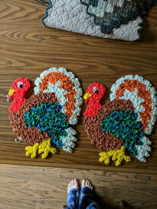 Two Vintage Thanksgiving Melted Plastic Popcorn Turkey Wall Door Hangings