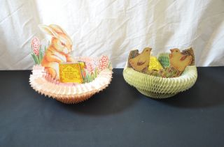 Two Antique Beistle Honeycomb Easter Decorations Bunny Rabbit Birds 1244