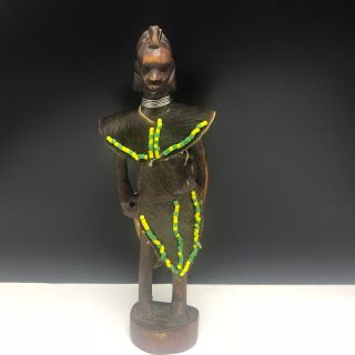 Attie Ivory Coast African Statue Black Americana Bead Carved Wood Clothes Green
