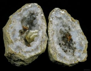 2 Barite Crystals,  Quartz,  Dolomite,  Goethite Af.  Pyrite Small Keokuk Geode
