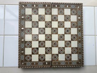 Antique Vtg Inlay Wood Folding Game Board Chess Checkers Backgammon 12 "