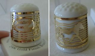 Vintage Kentucky Horse Park Porcelain Thimble 24k Gold Finish Brass Overlay Box