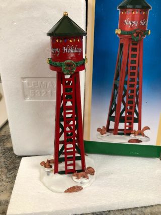 Lemax Coventry Cove Festive Happy Holidays Water Tower 8” 53211 Squirrel Wreath