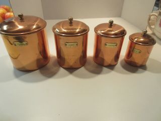 Vintage Set Of 4 Metal Copper And Brass Canisters,  Sugar,  Coffee,  Tea,  Kitchen