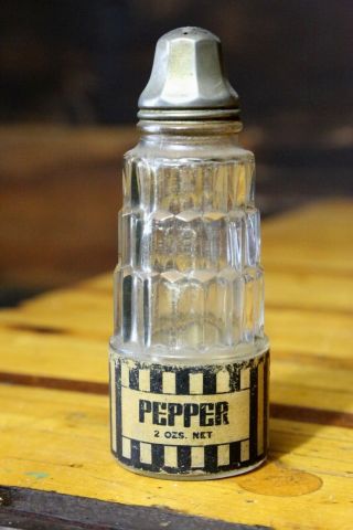 Vintage Frank Tea Spice Co Milk Glass Pepper Shaker Striped Label Kitchen Old
