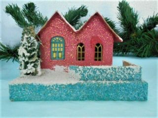 Vintage Christmas Putz House Pink,  Blue Loofa Tree Partial Coconut 1940s Japan