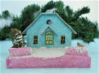 Vintage Christmas Putz House Blue,  Pink,  Loofa Tree 1940s Japan