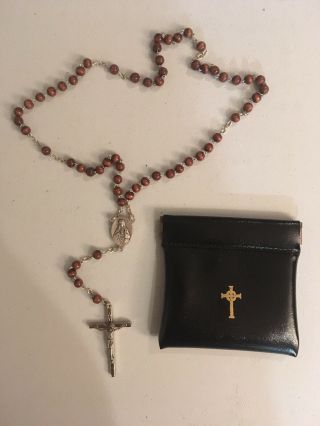 Vintage Wood Beads And Metal Made In Italy Rosary With Case