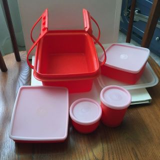 Vtg Classic 70s Orange Tupperware Pak - N - Carry Lunch Box W/containers 11 Pc Kit