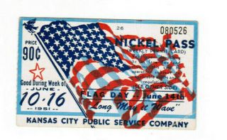 Kansas City Missouri Weekly Bus Ticket Pass June 10 - 16 1951 Flag Day June 14