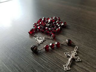 Antique Silver Rosary With Red Glass Facet Cut Beads
