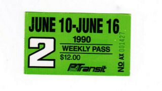 Patransit Ticket Pass Transit Bus Pittsburgh Pennsylvania June 10 - 16 1990