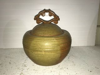 Large Vintage Ceramic Jar With Lid And Unique Decorative Ring Handle - 9530
