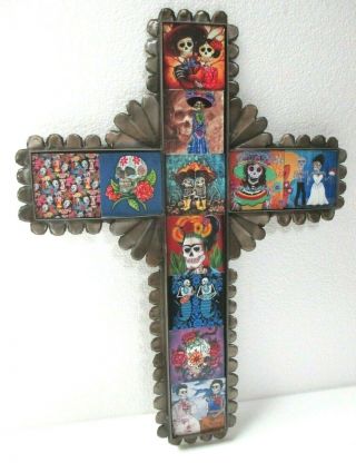 Mexican Folk Art Punched Tin Wall Cross Wood Tile Catrina Day Of The Dead 15 "