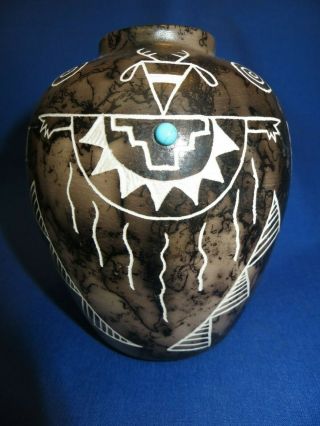 Acoma Horse Hair Fired Ghost Deer Pottery Bowl With Turquoise Gary 
