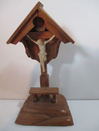 Antique Wood Sculpted Jesus Christ Pray Miniature Cross Chapel Italy