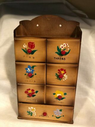 Vintage Seamstress Sewing Notion 7 Drawer Hand Painted Wood Cabinet