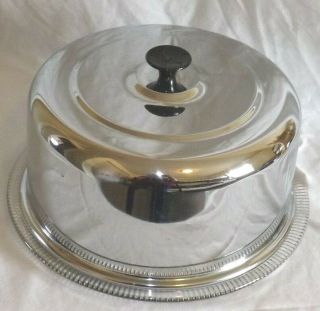 Vtg Chrome Metal Round Dome Cake Keeper Saver Cover Glass Plate Mid Century Mod