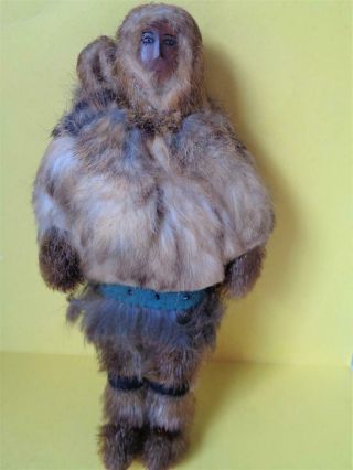 9 " Antique Native Eskimo Or Canadian Inuit Wood Face Doll Sealskin Fur Costume