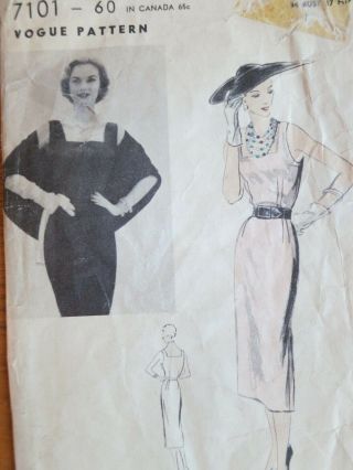 Vogue 7101 1952 Easy Vintage Dress Sewing Pattern Size 16 Bust 34 50s 1950s