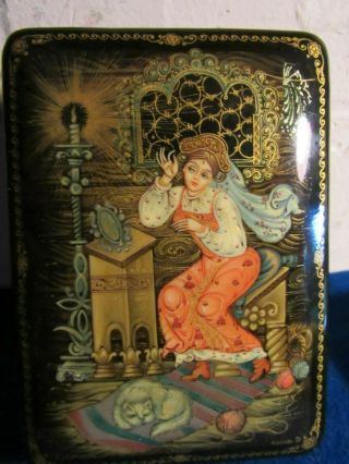Signed Russian Lacquer Box Hand Painted Palekh Vain Girl With Cat