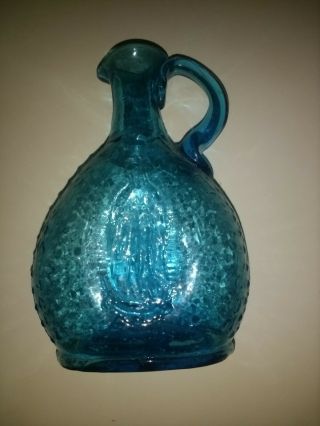 Virgin Mary Guadalupe Juan Diego Blue Holy Water Bottle Blown Glass Handle