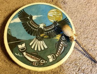 Vintage Clarence Wells Native Hand Drum Signed Haida Northwest