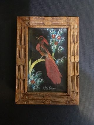 Vintage Framed Hand Painted Real Feather Bird Picture Mexican Folk Art 5 " X 7 "
