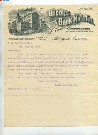 Vintage Illustrated Billhead Brooks Bank Note Lithographer 1899 Springfield Ma