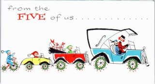 From The Five Of Us Happy Family Car Automobile Ride Vtg Christmas Greeting Card